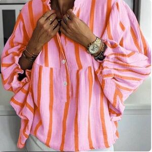 Striped Pink & Orange Button-Front Women's Blouse